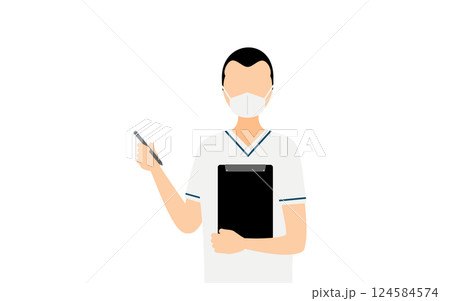 額の広い男性看護師が記録を取るシンプルなイラスト 額の広い男性看護師が記録を取るシンプルなイラスト 124584574