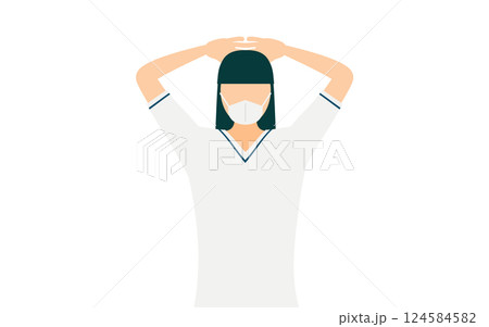 ロングヘアの女性看護師が頭の後ろで手を組むシンプルなイラスト 124584582