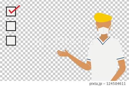 A simple illustration of a male nurse with a pompadour urging caution with a checklist 124584611