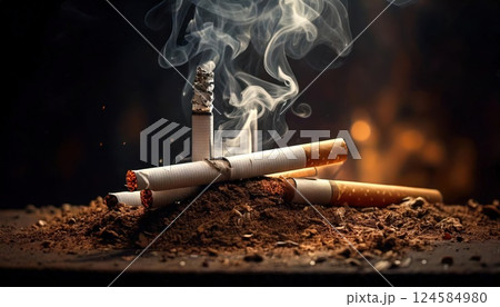 Close-up of smoking cigarettes burning. AI-generated item 124584980