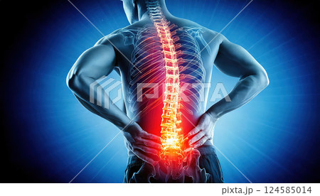 Man holding lower back in pain with glowing spine illustration. AI-generated item 124585014