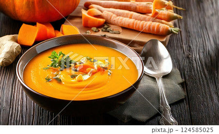 Creamy pumpkin soup garnished with pumpkin seeds and herbs. AI-generated item 124585025