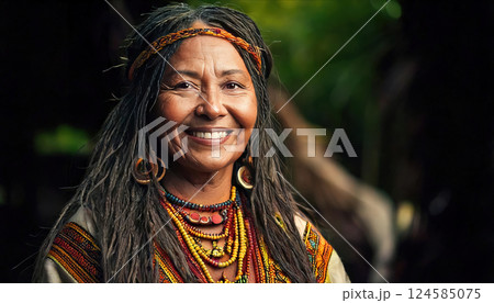 Happy elderly woman in traditional cloth with colorful beaded jewelry. AI-generated item 124585075