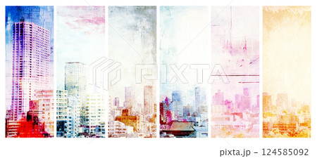 Set of banners with old paper texture and skyscrapers. Collection of grunge retro banner with urban scene. Vintage backdrops set with metropolis. Multifaceted perspective on cityscape concept Set of banners with old paper texture and skyscrapers. Collection of grunge retro banner with urban scene. Vintage backdrops set with metropolis. Multifaceted perspective on cityscape concept 124585092