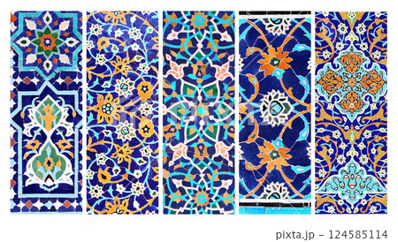 Set of vertical or horizontal banners with detail of ancient mosaic walls with floral and geometric ornaments. Collection of background with traditional islamic tile decoration. Tile decor on old wall Set of vertical or horizontal banners with detail of ancient mosaic walls with floral and geometric ornaments. Collection of background with traditional islamic tile decoration. Tile decor on old wall 124585114