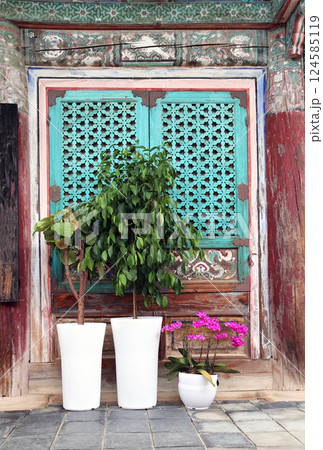 Decorative potted plants and wooden shutters in traditional Korean style, Bulguksa temple, Gyeongju, South Korea. Ancient pavilion, Bulguksa temple complex on Tohamsan, Republic of Korea 124585119