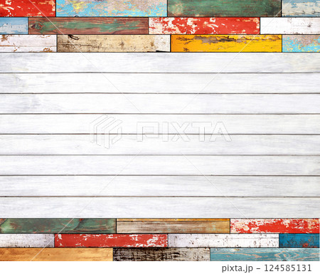 Texture of vintage wood board with cracked paint. Horizontal or vertical retro background with wooden plank with old paint of different color. Full pattern for banner with wood texture Texture of vintage wood board with cracked paint. Horizontal or vertical retro background with wooden plank with old paint of different color. Full pattern for banner with wood texture 124585131