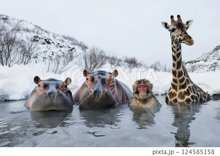 Exotic animals relaxing in snowy hot spring. AI-generated item Exotic animals relaxing in snowy hot spring. AI-generated item 124585158