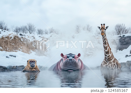 Exotic animals relaxing in snowy hot spring. AI-generated item 124585167