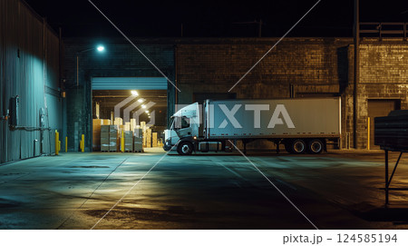 Large white truck parked at warehouse loading dock. AI-generated item 124585194