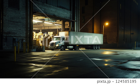 Large white truck parked at warehouse loading dock. AI-generated item 124585195