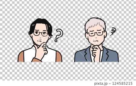 悩む表情のビジネスカジュアルなミドル世代・シニア世代の男性のシンプルなベクターイラストセット 悩む表情のビジネスカジュアルなミドル世代・シニア世代の男性のシンプルなベクターイラストセット 124585215