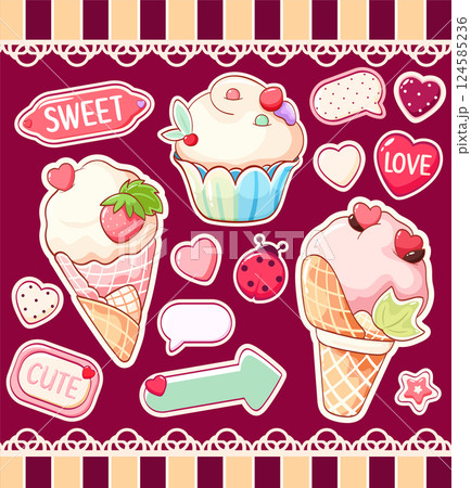 Summer set in kawaii style. Cute eye-catching tag, label with ice cream, cake, heart, index arrow. Collection of cozy sticker. Can be used for t-shirt print, sticker, greeting card. Vector EPS8 124585236