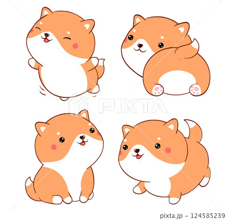 Set of cute fat dogs kawaii style. Collection of lovely little shiba inu puppy in different poses. Can be used for t-shirt print, stickers, greeting card design. Vector illustration EPS8 124585239