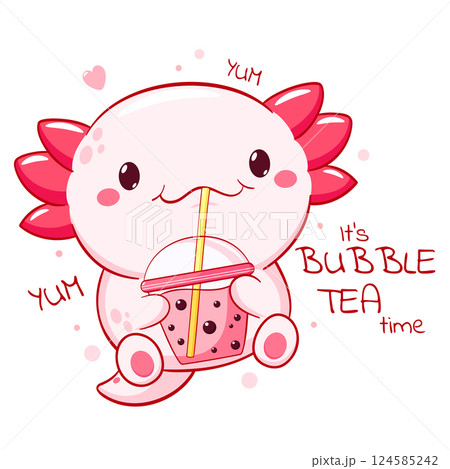 Lovely little axolotl with bubble tea cup. Baby card in kawaii style with cute animal and Boba Tea cup. Childish print with funny axolotl for t-shirt print, sticker, greeting card. Vector EPS8 Lovely little axolotl with bubble tea cup. Baby card in kawaii style with cute animal and Boba Tea cup. Childish print with funny axolotl for t-shirt print, sticker, greeting card. Vector EPS8 124585242