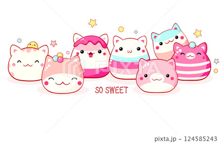 Traditional Chinese animal-shaped mantou buns. Cute cat-shaped dessert in kawaii style. Inscription So sweet. Can be used for t-shirt print, sticker, greeting card. Vector illustration EPS8 Traditional Chinese animal-shaped mantou buns. Cute cat-shaped dessert in kawaii style. Inscription So sweet. Can be used for t-shirt print, sticker, greeting card. Vector illustration EPS8 124585243