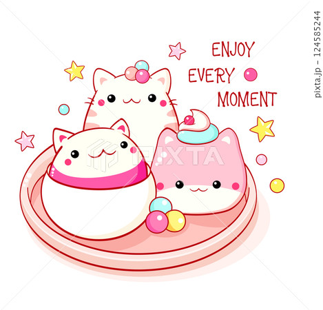 Cute cat-shaped dessert in kawaii style.Traditional Chinese animal-shaped mantou buns on dish. Inscription Enjoy every moment. Can be used for t-shirt print, sticker, greeting card. Vector EPS8 Cute cat-shaped dessert in kawaii style.Traditional Chinese animal-shaped mantou buns on dish. Inscription Enjoy every moment. Can be used for t-shirt print, sticker, greeting card. Vector EPS8 124585244
