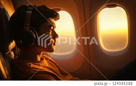 Young man enjoy music on headphones looking at airplane window at sunset. AI-generated item Young man enjoy music on headphones looking at airplane window at sunset. AI-generated item 124585288