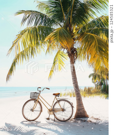 Vintage bicycle under palm tree on tropical beach. AI-generated item 124585321