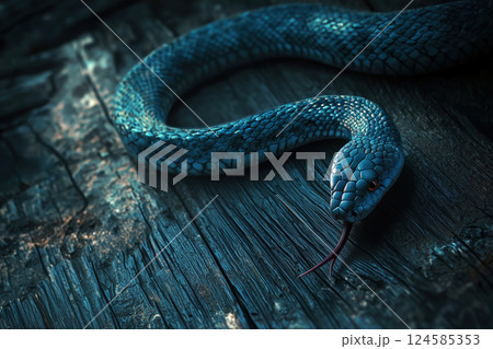 Black snake coiled on wooden floor. AI-generated item 124585353