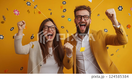 Joyful happy couple celebrating a win at casino. AI-generated item 124585384