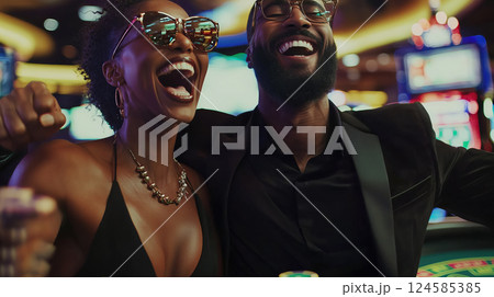 Happy and wealthy couple celebrating casino win. AI-generated item 124585385