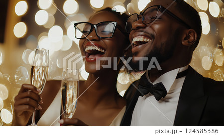 Happy couple celebrating with champagne over bokeh background. AI-generated item 124585386