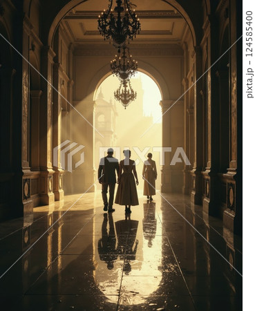 Majestic elegance backlit silhouettes in grand historic hallway for timeless architectural inspiration 124585400