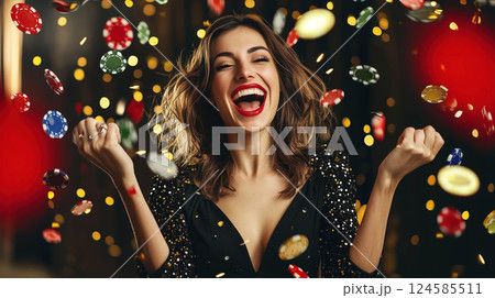 Excited young woman celebrating big win at casino poker table. AI-generated item 124585511