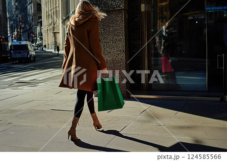 Rear view of stylish woman walking with shopping bags in city. AI-generated item 124585566