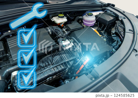 Hybrid car with open hood and service symbol. Electric vehicles maintenance. 124585625