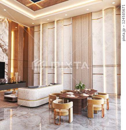 Luxury dining and living room with marble walls Luxury dining and living room with marble walls 124585671