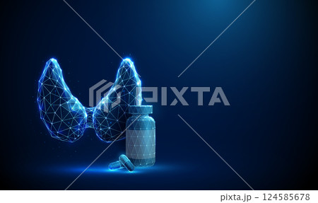 Abstract blue human thyroid gland with bottle, medical pills. Thyroid disorders, healthcare protection, medical treatment concept. 124585678