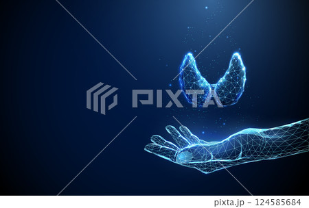 Abstract giving hand with human thyroid gland. Healthcare medical concept. Low poly futuristic technology digital neon style. 124585684