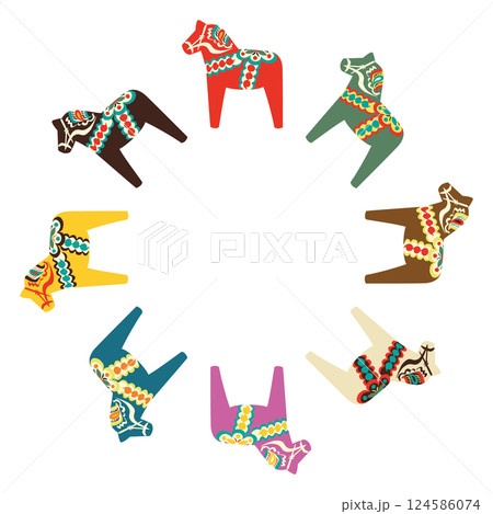 カラフルでかわいいdalahäst(ダーラナホース)のベクターイラストセット(円状) カラフルでかわいいdalahäst(ダーラナホース)のベクターイラストセット(円状) 124586074