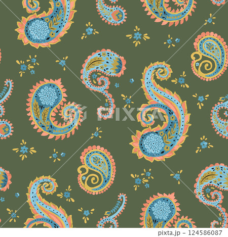 Watercolor style paisley with flowers seamless pattern on green background. Intricate eastern vintage wallpaper. Bohemian textile design Watercolor style paisley with flowers seamless pattern on green background. Intricate eastern vintage wallpaper. Bohemian textile design 124586087
