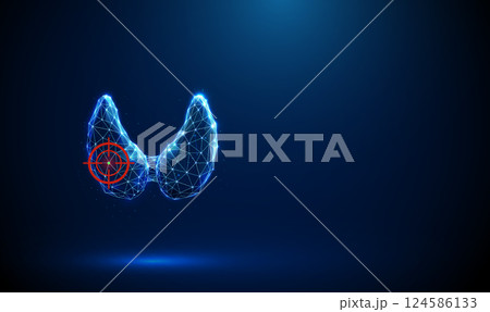 Abstract blue human thyroid gland with red target sign. Thyroid health, medical treatment concept. Low poly digital futuristic style 124586133