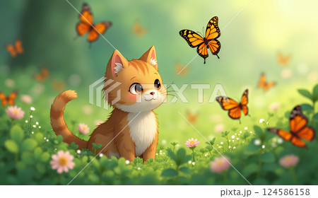 蝶々と子猫のイラスト素材 [124586158] - PIXTA