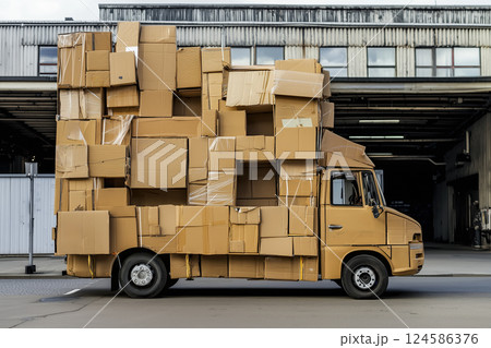 Overloaded large truck stacked high with cardboard boxes. AI-generated item Overloaded large truck stacked high with cardboard boxes. AI-generated item 124586376