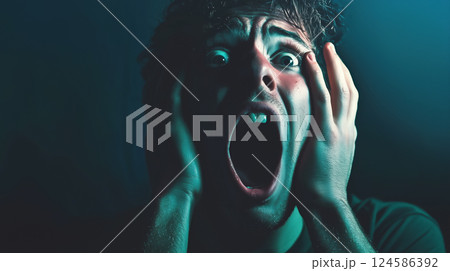Scared man screaming in terror. AI-generated item 124586392