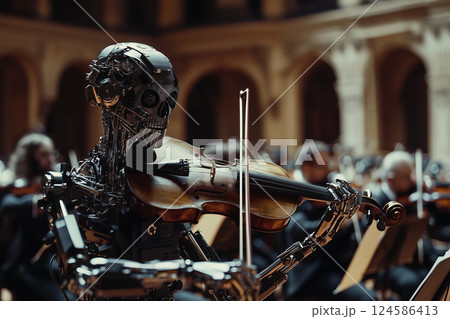 Robot cyborg playing violin in orchestra hall. AI-generated item 124586413
