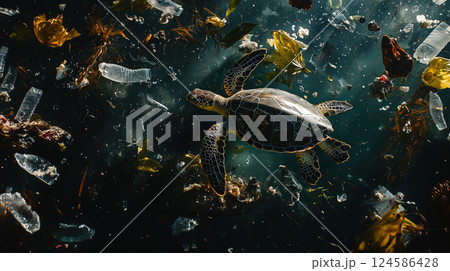 Sea turtle swimming in ocean among plastic waste and debris. AI-generated item 124586428