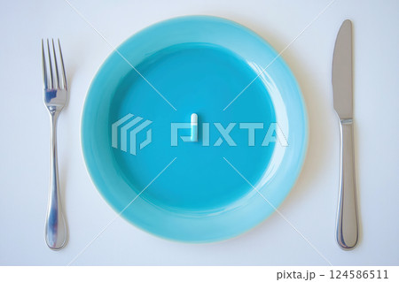 Pill on a bright blue plate with cutlery. AI-generated item 124586511