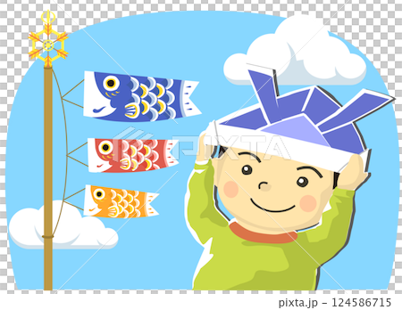 Illustration of a boy wearing a helmet and a carp streamer May festival 124586715
