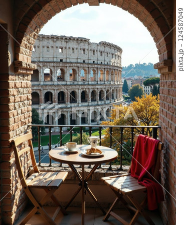 Charming balcony breakfast overlooking the colosseum in autumn serenity 124587049