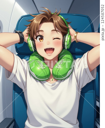 Cheerful anime traveler relaxing with green headphones on airplane for fun adventure journey concept 124587052