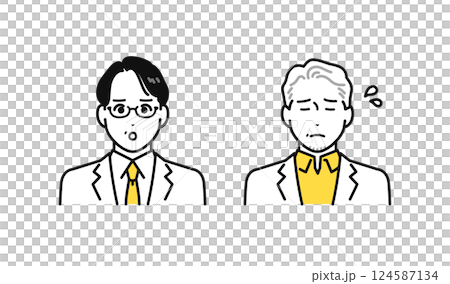 一組簡單的人物圖標,描繪了身穿白大褂的中年和老年男子陷入困境 一組簡單的人物圖標,描繪了身穿白大褂的中年和老年男子陷入困境 124587134
