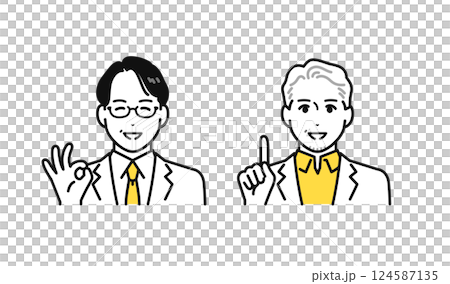 笑顔で説明をする白衣を着たミドル世代・シニア世代の男性のシンプルな人物アイコンセット 笑顔で説明をする白衣を着たミドル世代・シニア世代の男性のシンプルな人物アイコンセット 124587135