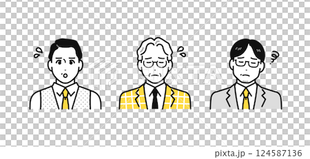 困っている専門家のミドル世代・シニア世代の男性のシンプルな人物アイコンセット 124587136