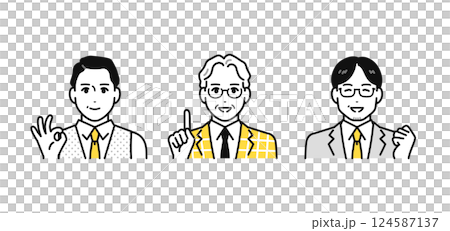 A simple icon set of middle-aged and senior men, experts who give explanations with a smile A simple icon set of middle-aged and senior men, experts who give explanations with a smile 124587137
